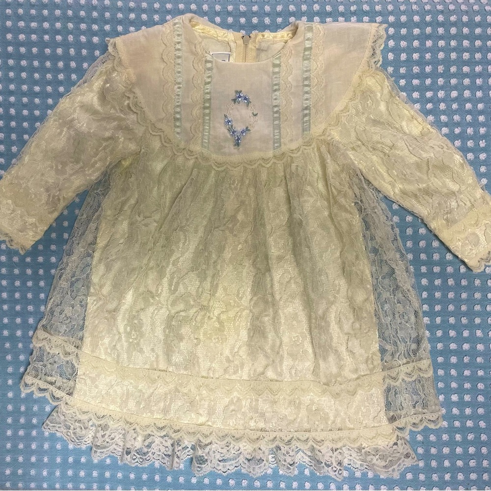 Vintage Jessica McClintock Gunne Sax Dress Lace Overlay Ivory Satin 2T